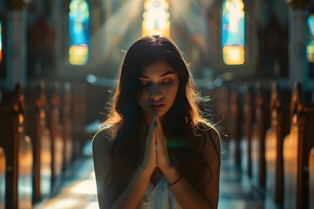 Donna che prega in una chiesa