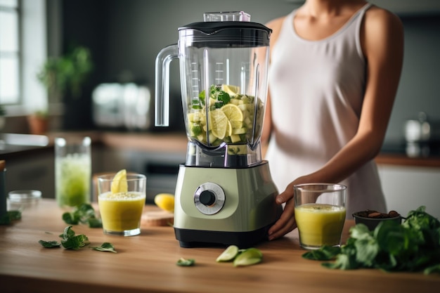 donna che prepara il frullato utilizzando il frullatore generato ai