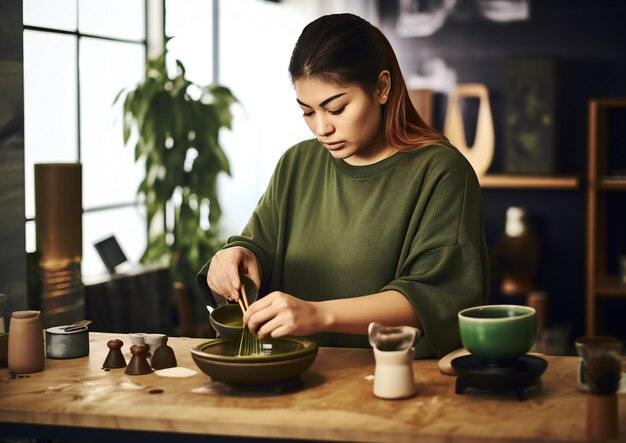 Donna che prepara il tè matcha con tutta l'attrezzatura