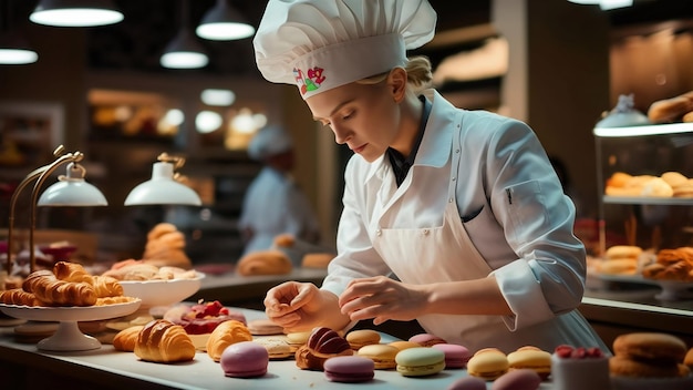 Donna che prepara pasticceria pasticceria in cappotto