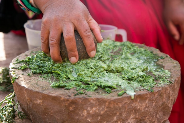 Donna che prepara shampoo organico naturale a base vegetale nella regione di Llachon sul lago Titicaca in Perù