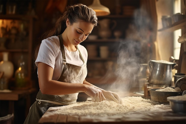 Donna che produce sfondi rustici di pasta e farina che cucinano il pane generato dall'intelligenza artificiale