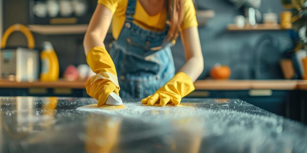 donna che pulisce la casa indossando guanti AI generativa