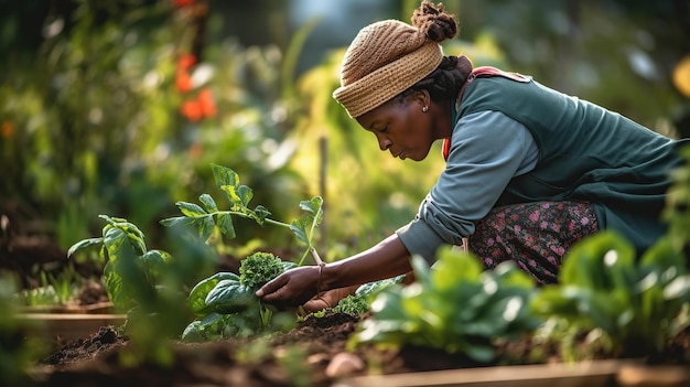 Donna che raccoglie verdure dall'orto IA generativa