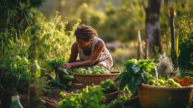 Donna che raccoglie verdure dall'orto IA generativa