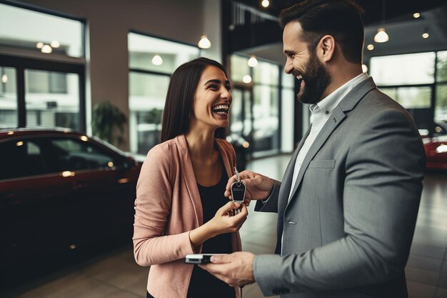 Donna che riceve le chiavi di una nuova auto dal concessionario Generative Ai