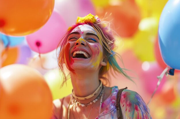donna che ride con palloncini colorati nell'aria