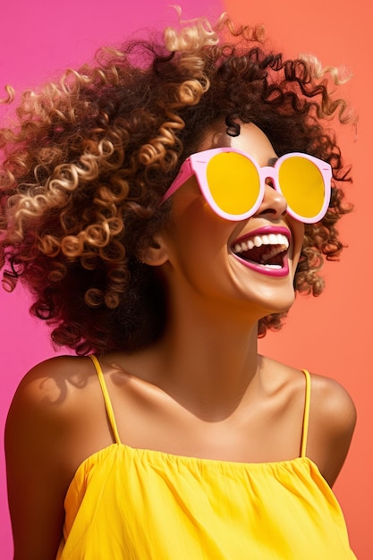 Donna che ride indossando occhiali da sole gialli e occhiali a cornice rosa
