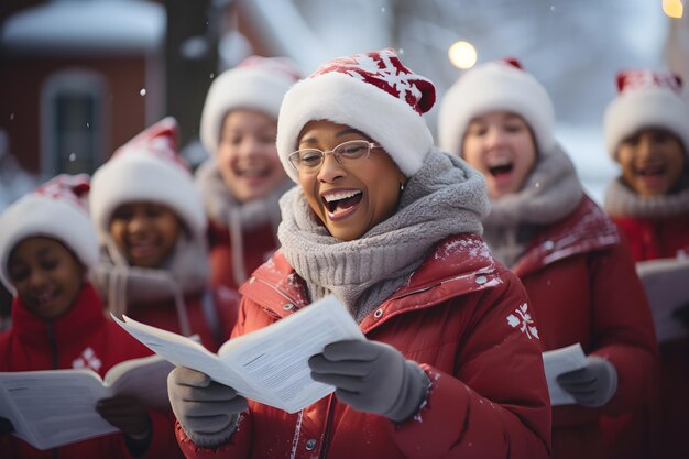 Donna che ride mentre canta canti natalizi con i bambini nella neve