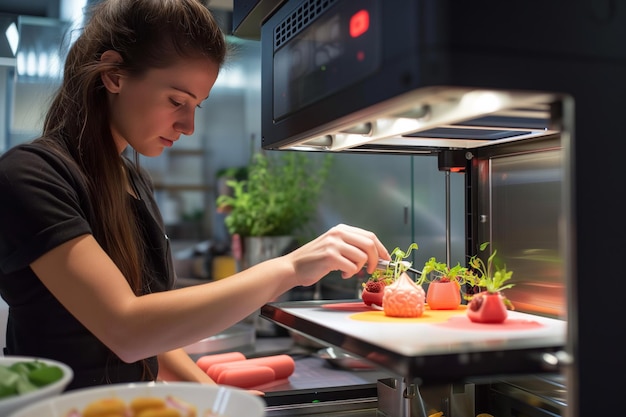 Donna che rimuove il design alimentare stampato in 3D dalla stampante impegnata nell'arte culinaria