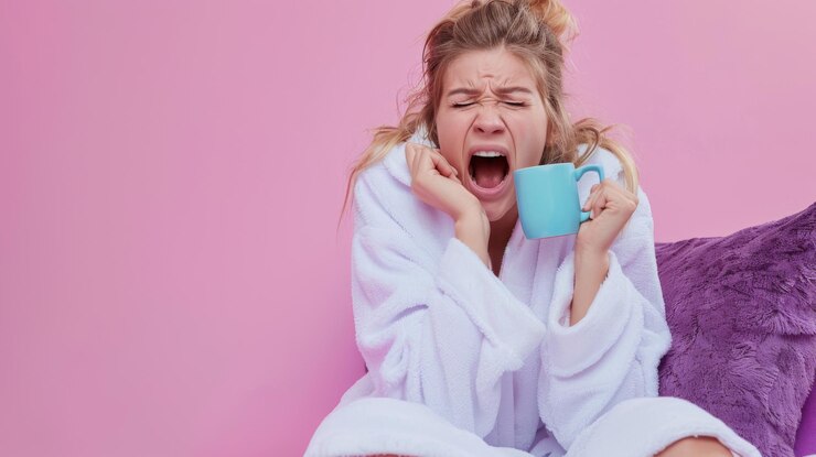 Donna che sbadigli con una tazza di caffè