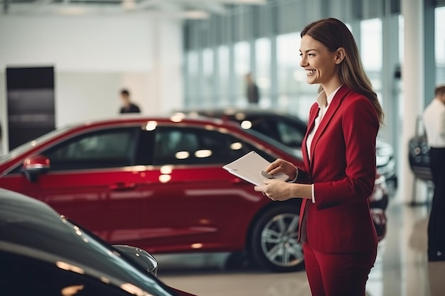 Donna che sceglie un'auto in una vetrina generata dall'AI