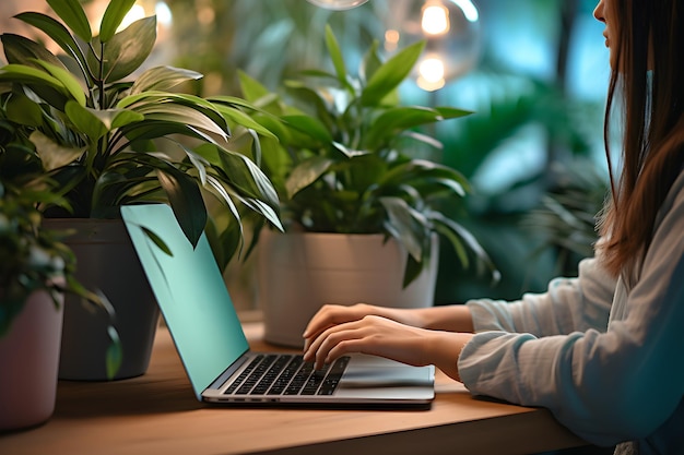 Donna che scrive sul computer portatile con pianta sul tavolo