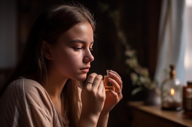 Donna che sente l'odore dell'olio Aroma profumo Genera Ai