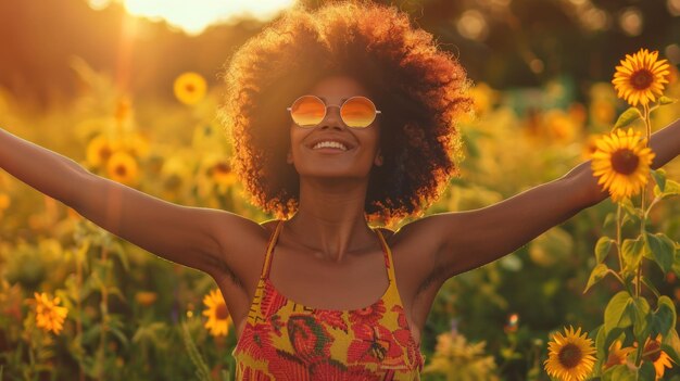 Donna che si allunga in un campo di girasoli