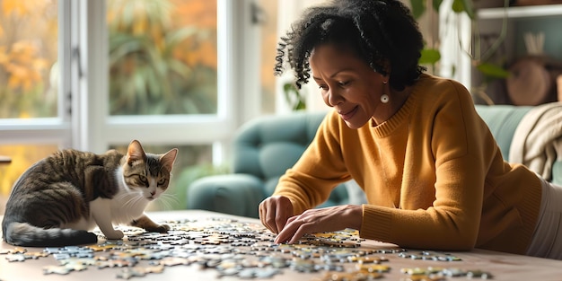 Donna che si diverte a giocare a puzzle con il suo gatto in una giornata di sole all'interno casual e confortevole tempo libero AI