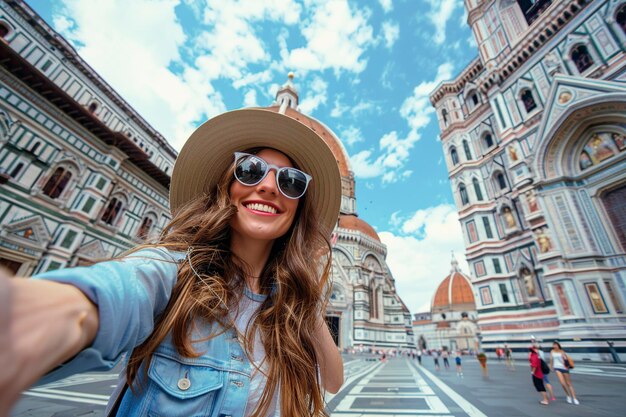 Donna che si fa un selfie alla cattedrale