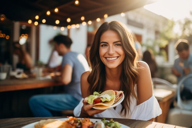 Donna che si gode dei tacos con un tovagliolo sul patio di un ristorante