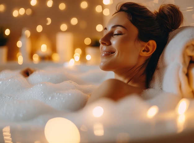 Donna che si gode di un bagno a bolle sereno in un accogliente bagno caldo illuminato con candele e decorazioni