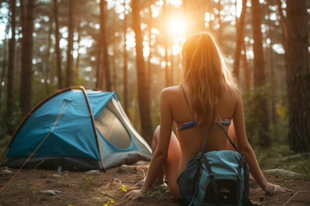 Donna che si gode il tramonto in un campo boschivo