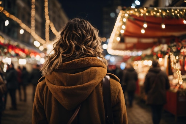 donna che si gode la vista della fiera di Natale di notte in città alla vigilia di Natale vista posteriore