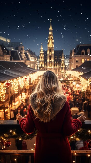 Donna che si gode la vista della fiera di Natale la notte della vigilia di Natale generata dall'AI
