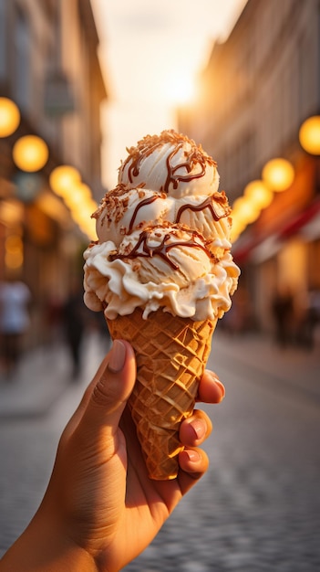 Donna che si gode un cono di gelato in una strada della città al tramonto in estate