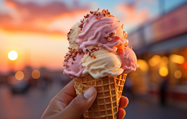 Donna che si gode un cono di gelato in una strada della città al tramonto in estate