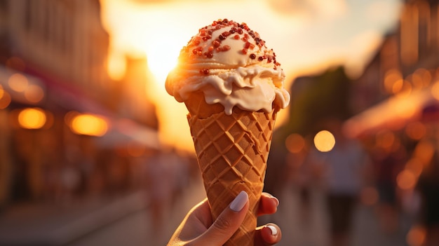 Donna che si gode un cono di gelato in una strada della città al tramonto in estate