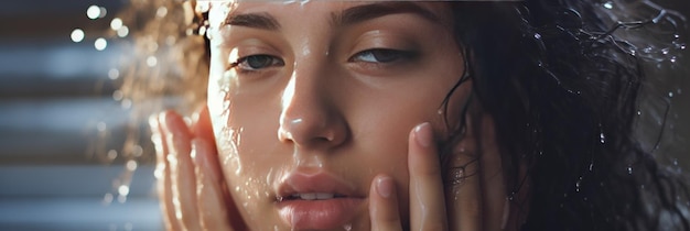 Donna che si lava la faccia con l'acqua Closeup Ai generative