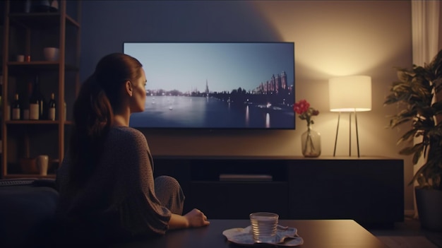 Donna che si rilassa a casa la sera mentre guarda la TV Generative AI