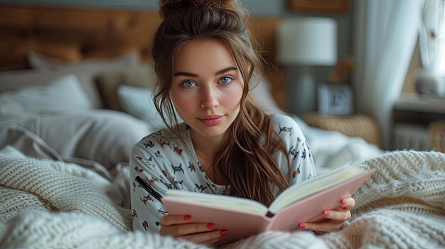 Donna che si rilassa a letto a leggere un libro