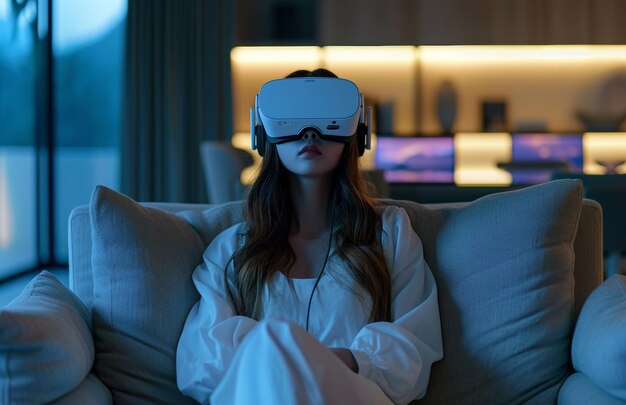 Donna che si rilassa con le cuffie VR in un ambiente domestico accogliente