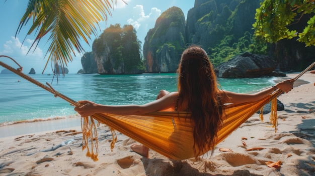 Donna che si rilassa in un'amaca sulla spiaggia