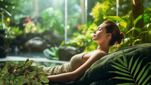 donna che si rilassa in una stazione termale e in una pianta tropicale