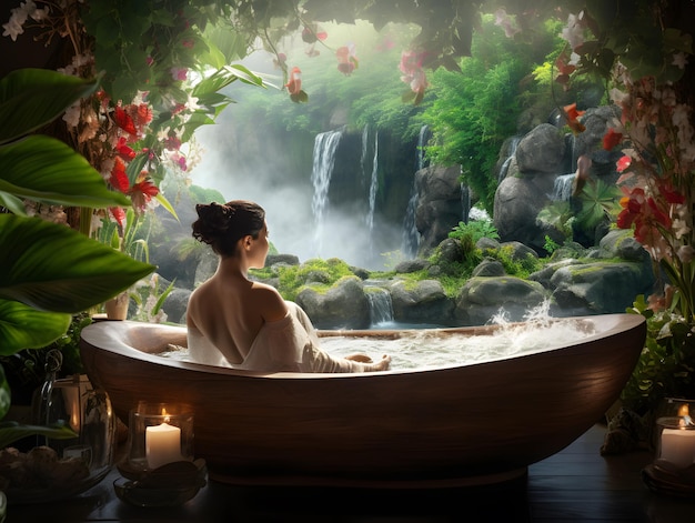 Donna che si rilassa nella vasca da bagno con petali di fiori Rilassamento termale organico in un lussuoso bagno all'aperto