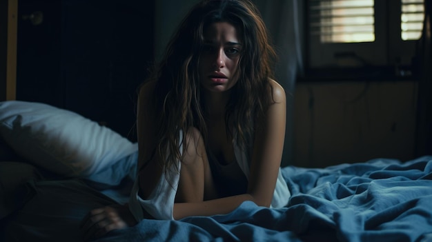 Donna che soffre di depressione seduta sul letto in pigiama