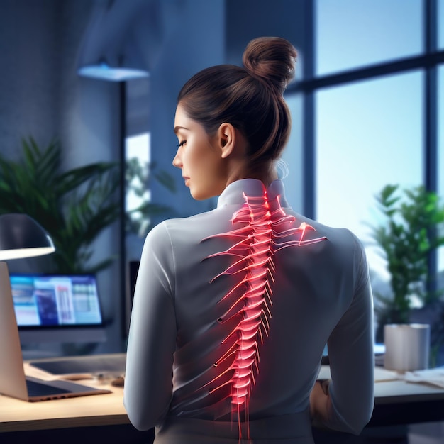 Donna che soffre di mal di schiena al lavoro Concetto di ergonomia e salute