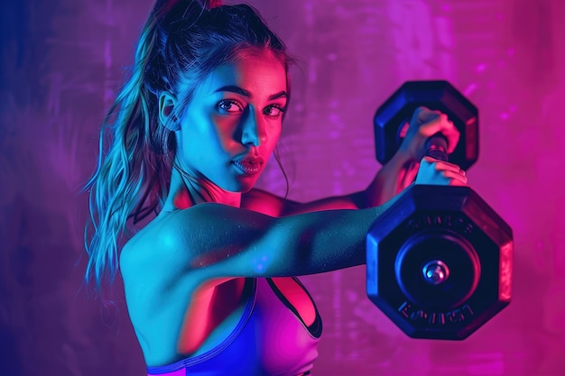 Donna che solleva un barbell sotto la luce al neon