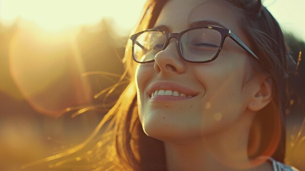 Donna che sorride beatamente alla luce del sole portando alla vita la gioia di un momento spensierato
