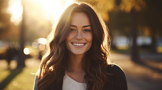 Donna che sorride con un sorriso perfetto e denti bianchi in un parco e guarda la telecamera