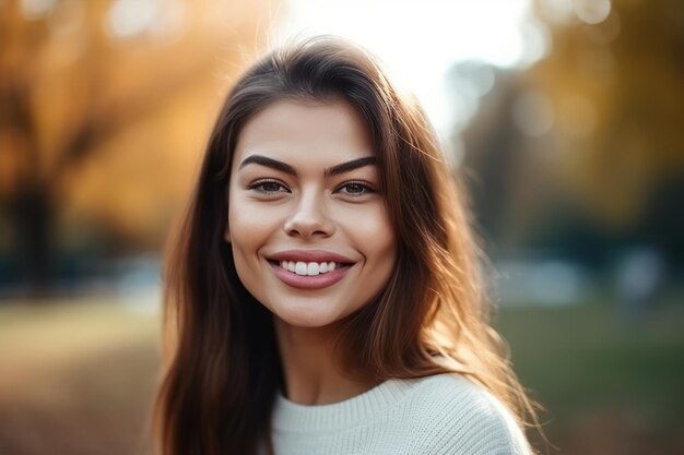 Donna che sorride con un sorriso perfetto e denti bianchi in un parco e guardando la fotocamera