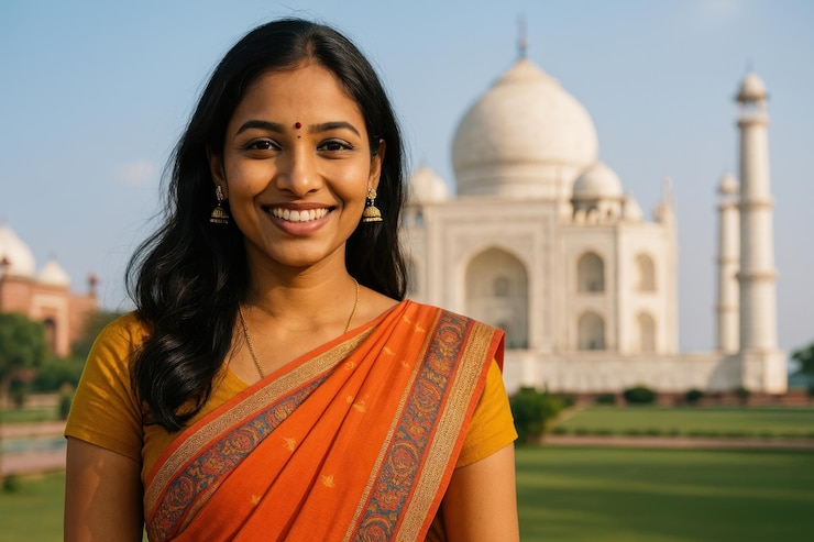 Foto donna che sorride vicino al taj mahal