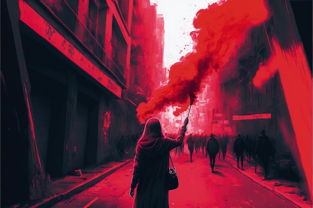 Donna che stringe il segnale di fumo rosso sulla corsia in un insediamento urbano deserto Concetto di fantasia Illustrazione pittura IA generativa