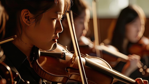 Donna che suona il violino in orchestra