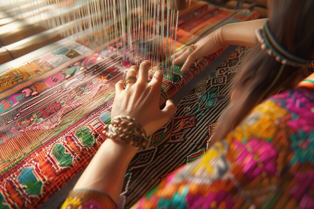 Donna che tesse a mano un tappeto colorato su un tradizionale