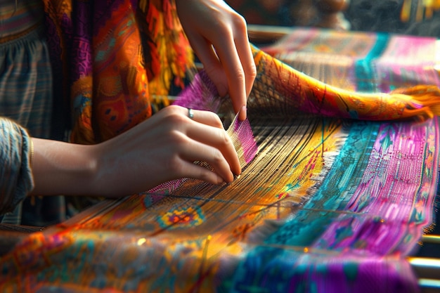 Donna che tesse a mano una sciarpa colorata su una tradizione