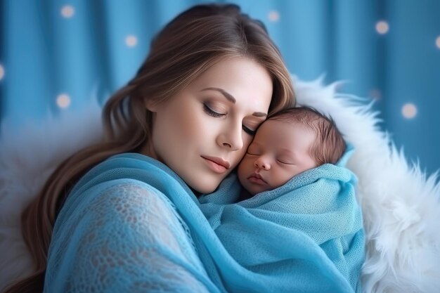 Donna che tiene adorabile bambino avvolto in una coperta blu IA generativa