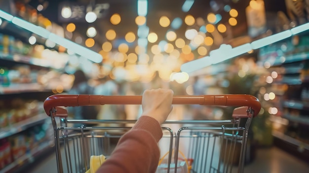 donna che tiene in mano il carrello della spesa del supermercato