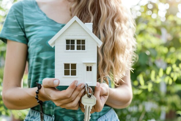 Donna che tiene in mano un modello di casa e una chiave che simboleggia l'approvazione dell'ipoteca